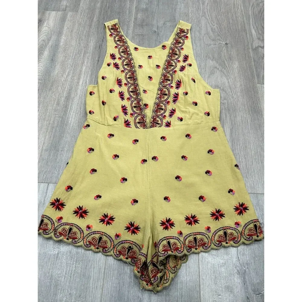 Free People Womens Green Sleeveless Margarita Embroidered Romper Jumpsuit Size 2